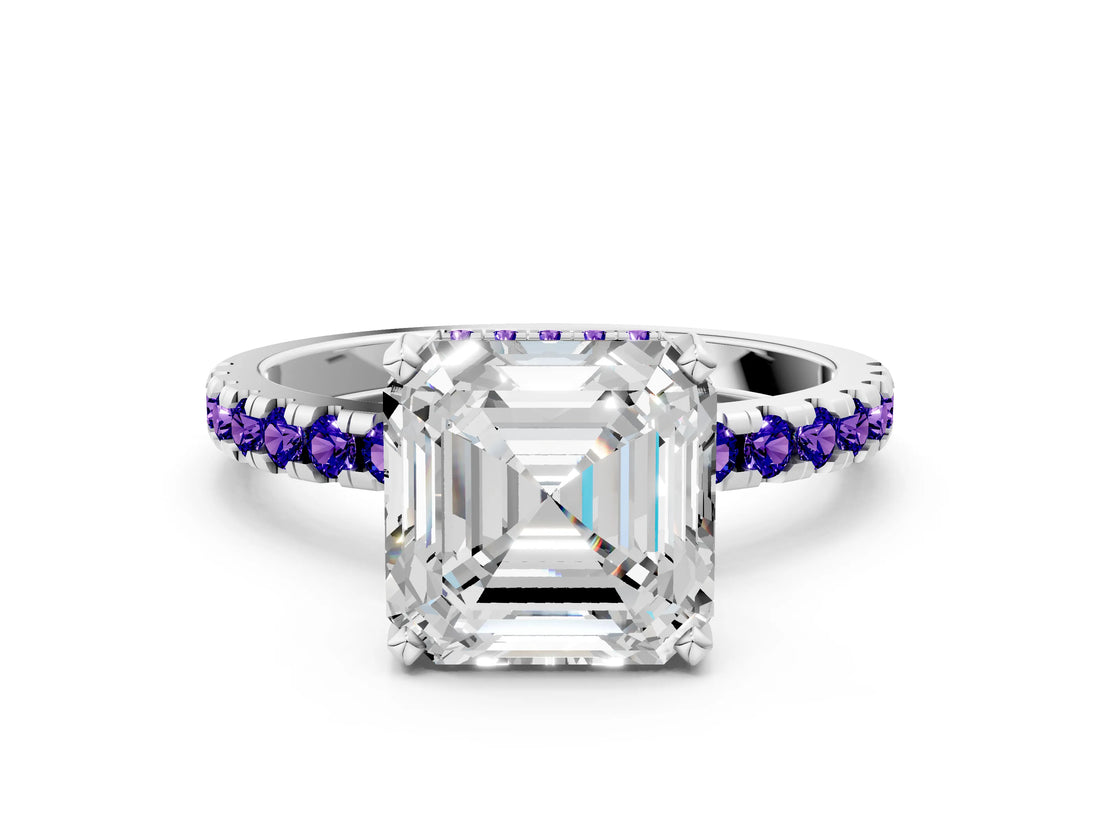 Silver Asscher Cut Diamond Solitaire Ring with Round with Tanzanite side stone Pavé Band and Four-Prong Setting_12