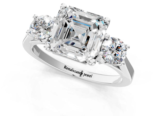 Silver Asscher Cut Diamond Three-Stone Engagement Ring with Prong Setting and Pavé Band