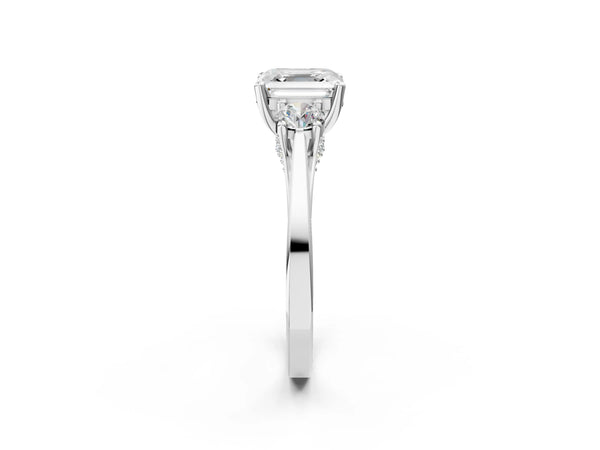 Silver Asscher Cut Diamond Three-Stone Engagement Ring with Prong Setting and Pavé Band