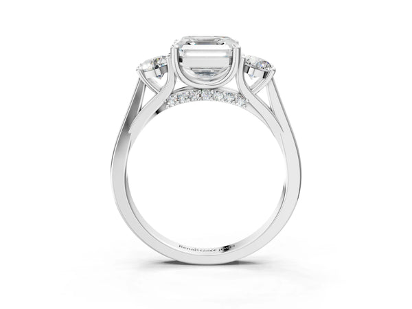 Silver Asscher Cut Diamond Three-Stone Engagement Ring with Prong Setting and Pavé Band