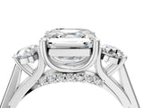 Silver Asscher Cut Diamond Three-Stone Engagement Ring with Prong Setting and Pavé Band_35