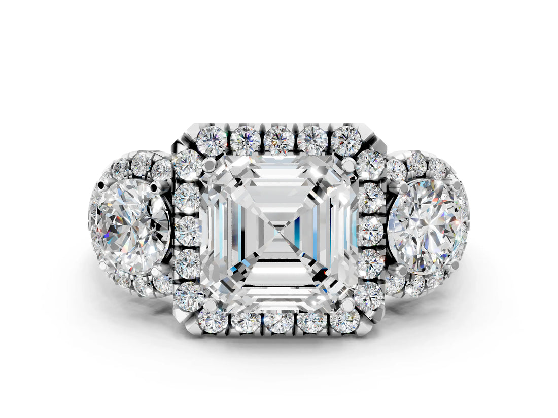Silver Asscher Cut Diamond Three-Stone Halo Ring with Prong Setting and Pavé Accents_13