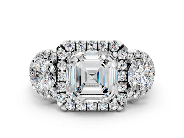 Sterling Silver Asscher Cut Three Stone Halo Engagement Ring Setting