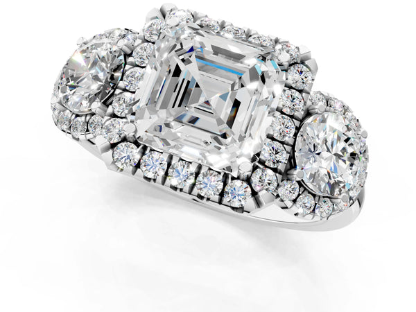 Sterling Silver Asscher Cut Three Stone Halo Engagement Ring Setting