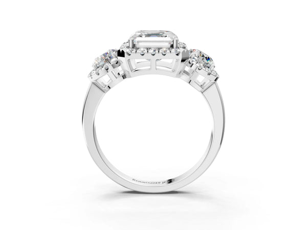 Sterling Silver Asscher Cut Three Stone Halo Engagement Ring Setting