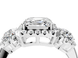 Silver Asscher Cut Diamond Three-Stone Halo Ring with Prong Setting and Pavé Accents_17