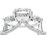 Silver Asscher Cut Diamond Three-Stone Ring with Prong Setting and Pavé Band_11