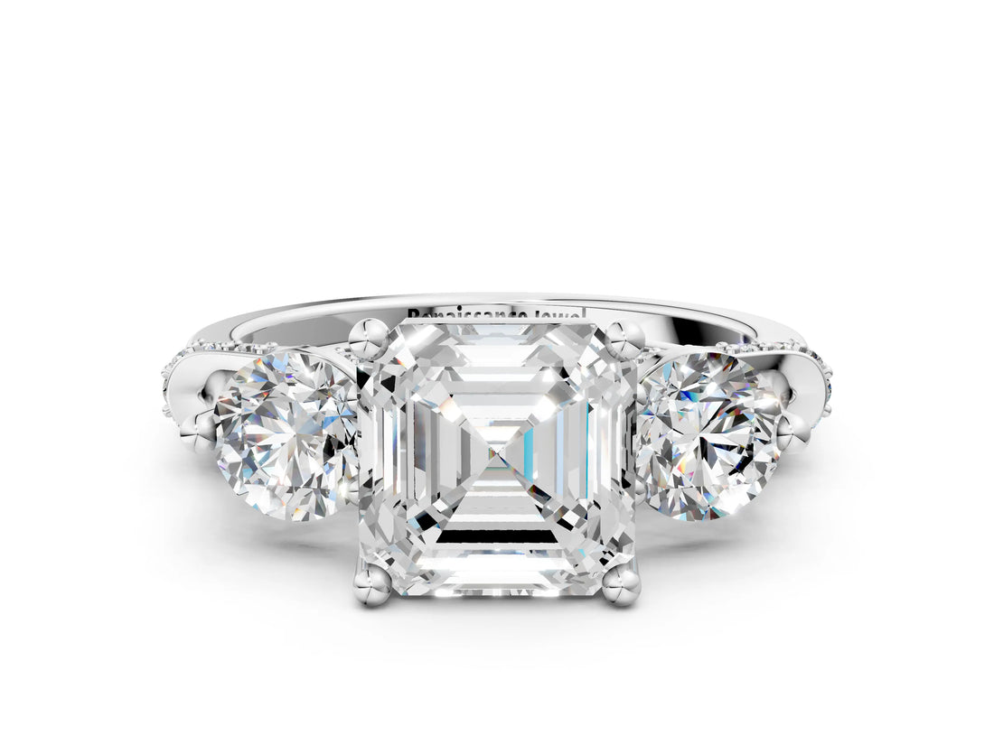 Silver Asscher Cut Diamond Three-Stone Ring with Prong Setting and Pavé Band_79