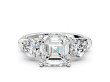 Silver Asscher Cut Diamond Three-Stone Ring with Prong Setting and Pavé Band_79
