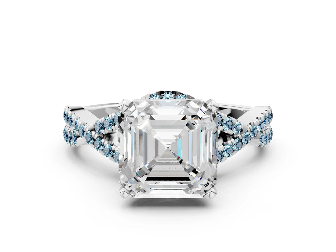Silver Asscher Cut Diamond with Aquamarine side stone Halo Twist Band Solitaire Prong Setting Ring