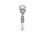 Silver Asscher Cut Diamond with Aquamarine side stone Halo Twist Band Solitaire Prong Setting Ring_2