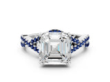 Silver Asscher Cut Diamond with Blue Sapphire side stone Halo Twist Band Solitaire Prong Setting Ring