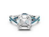 Silver Asscher Cut Diamond with Blue Topaz side stone Halo Twist Band Solitaire Prong Setting Ring