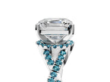 Silver Asscher Cut Diamond with Blue Topaz side stone Halo Twist Band Solitaire Prong Setting Ring_5