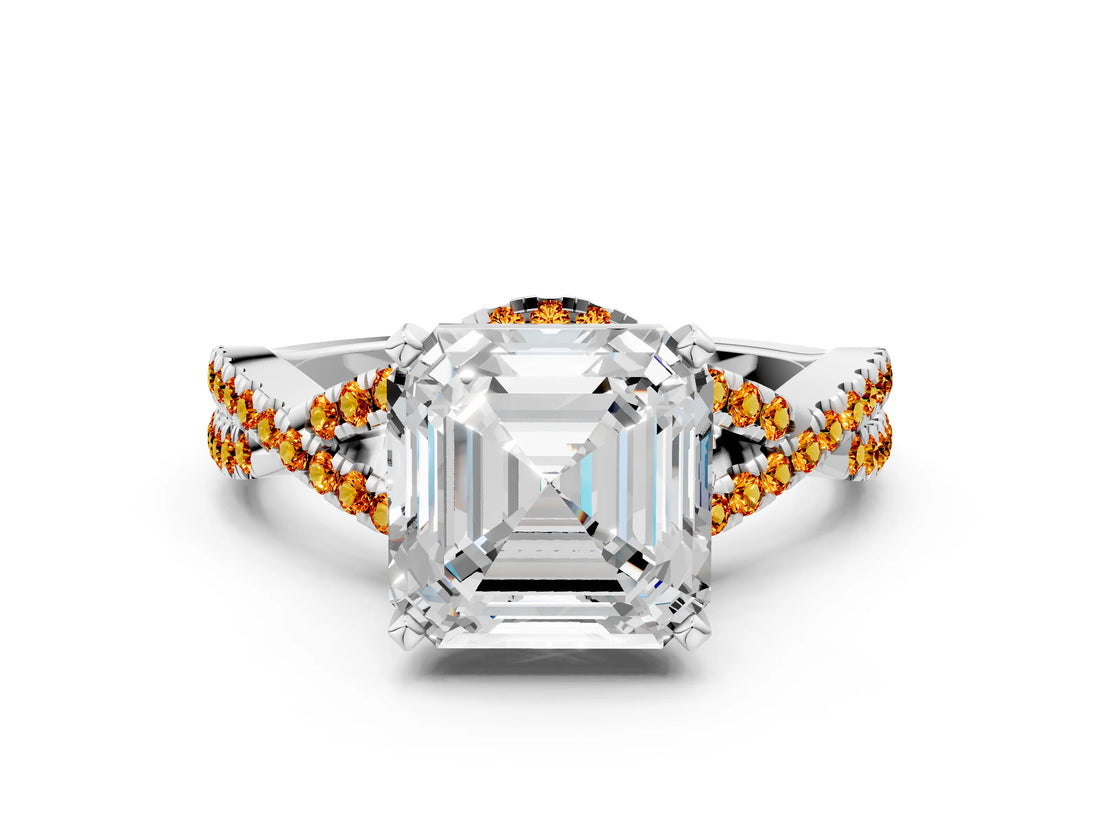 Silver Asscher Cut Diamond with Citrine side stone Halo Twist Band Solitaire Prong Setting Ring