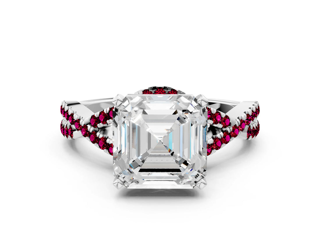 Silver Asscher Cut Diamond with Garnet side stone Halo Twist Band Solitaire Prong Setting Ring