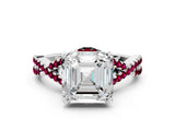 Silver Asscher Cut Diamond with Garnet side stone Halo Twist Band Solitaire Prong Setting Ring