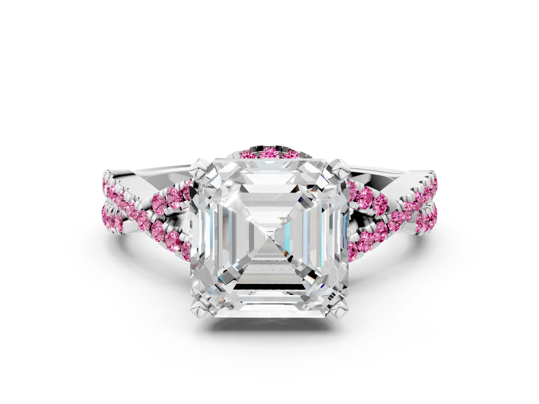 Silver Asscher Cut Diamond with Pink Sapphire side stone Halo Twist Band Solitaire Prong Setting Ring