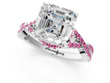 Silver Asscher Cut Diamond with Pink Sapphire side stone Halo Twist Band Solitaire Prong Setting Ring_1