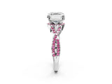 Silver Asscher Cut Diamond with Pink Sapphire side stone Halo Twist Band Solitaire Prong Setting Ring_2