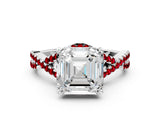 Silver Asscher Cut Diamond with Ruby side stone Halo Twist Band Solitaire Prong Setting Ring