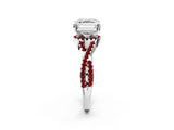 Silver Asscher Cut Diamond with Ruby side stone Halo Twist Band Solitaire Prong Setting Ring_2