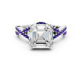 Silver Asscher Cut Diamond with Tanzanite side stone Halo Twist Band Solitaire Prong Setting Ring