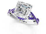 Silver Asscher Cut Diamond with Tanzanite side stone Halo Twist Band Solitaire Prong Setting Ring_1