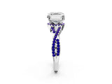 Silver Asscher Cut Diamond with Tanzanite side stone Halo Twist Band Solitaire Prong Setting Ring_2