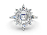 Silver Asscher Cut Halo Diamond Cluster Ring with Marquise and Round Stones on a White Gold Band with Prong Setting_13