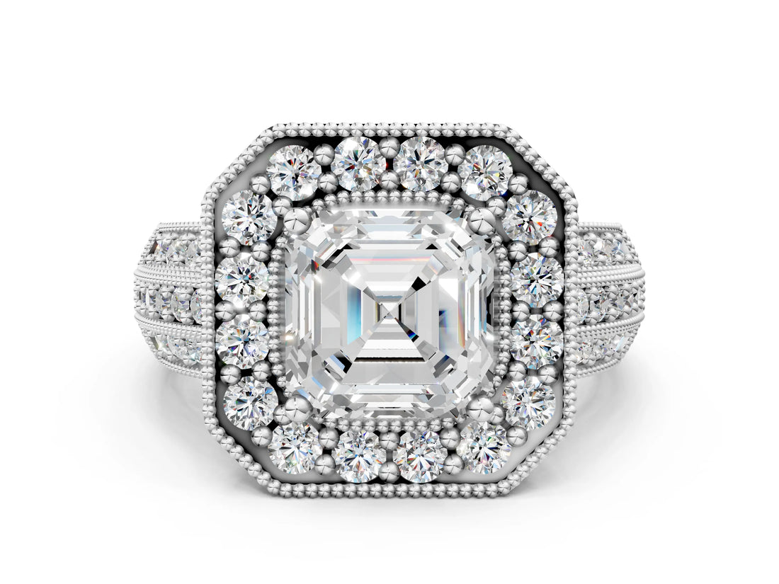 Silver Asscher Cut Halo Diamond Engagement Ring with Pave Split Shank and Four-Prong Setting_19