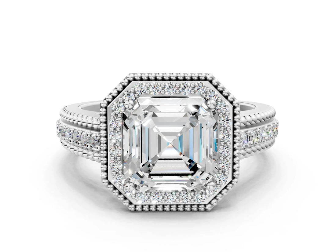 Silver Asscher Cut Halo Diamond Ring with Beaded Split Shank and Four-Prong Setting_13