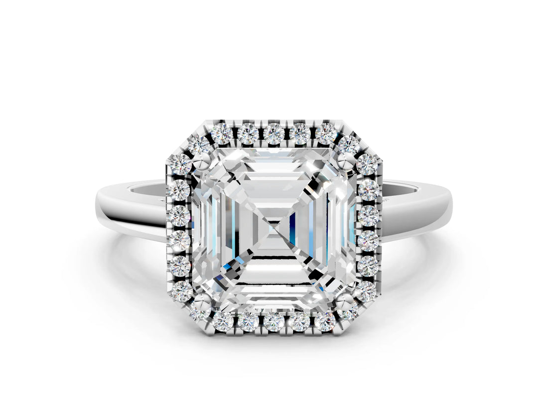 Silver Asscher Cut Halo Diamond Solitaire Ring with Asscher Cut Band and Four-Prong Setting_7