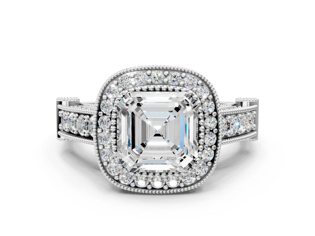 Silver Asscher Cut Halo Diamond Split Shank Pave Ring_13
