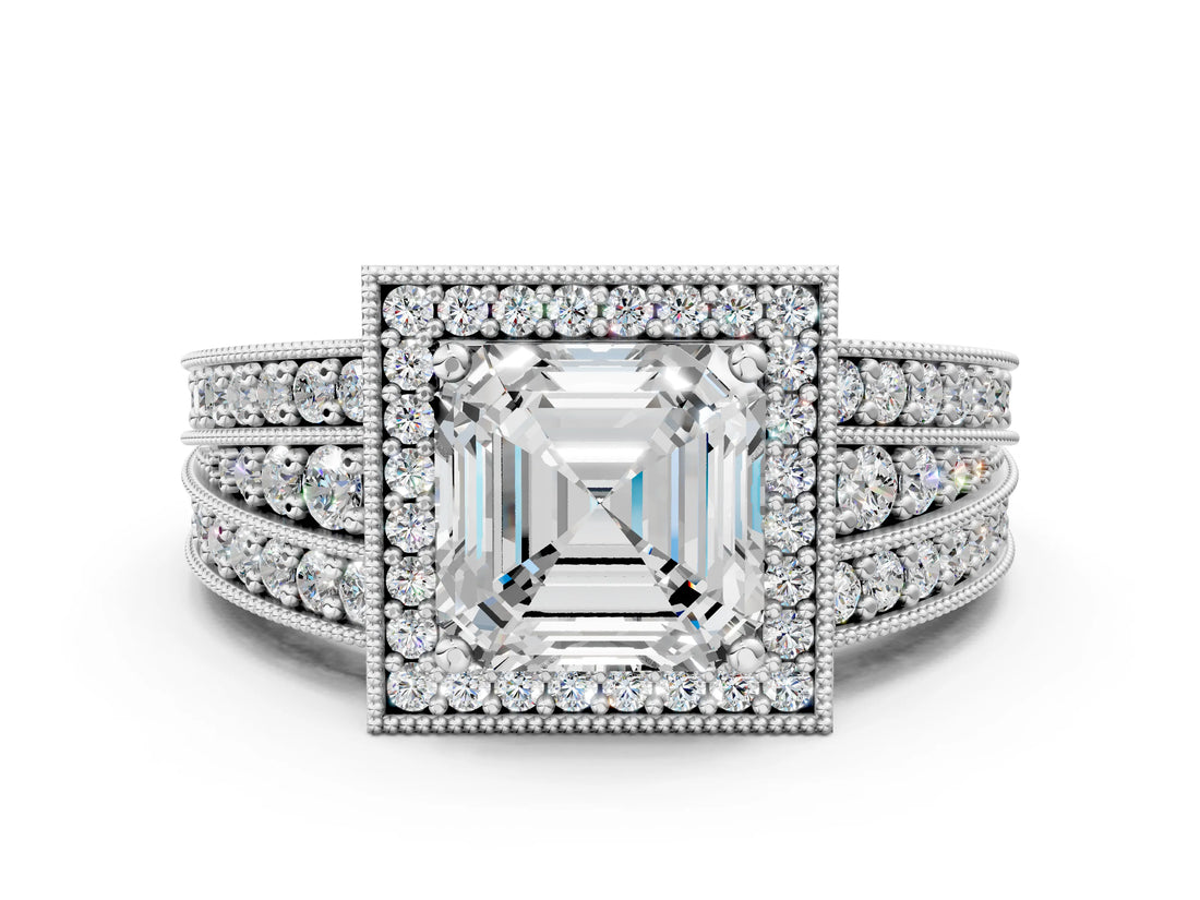 Silver Asscher Cut Halo Diamond Split Shank Ring with Prong Setting_7