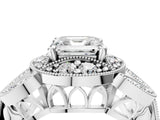 Silver Asscher Cut Halo Milgrain Diamond Engagement Ring with Leaf Band and Four-Prong Setting_11