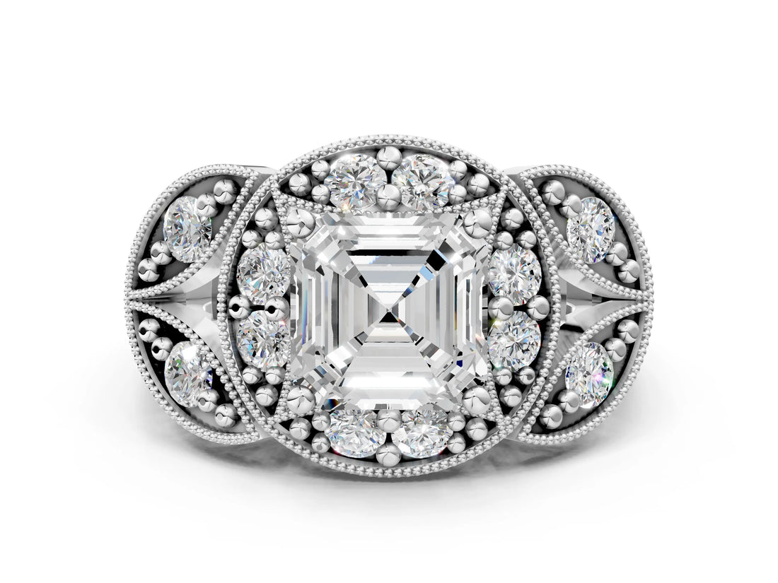 Silver Asscher Cut Halo Milgrain Diamond Engagement Ring with Leaf Band and Four-Prong Setting_7