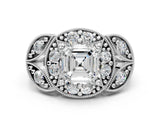 Silver Asscher Cut Halo Milgrain Diamond Engagement Ring with Leaf Band and Four-Prong Setting_7