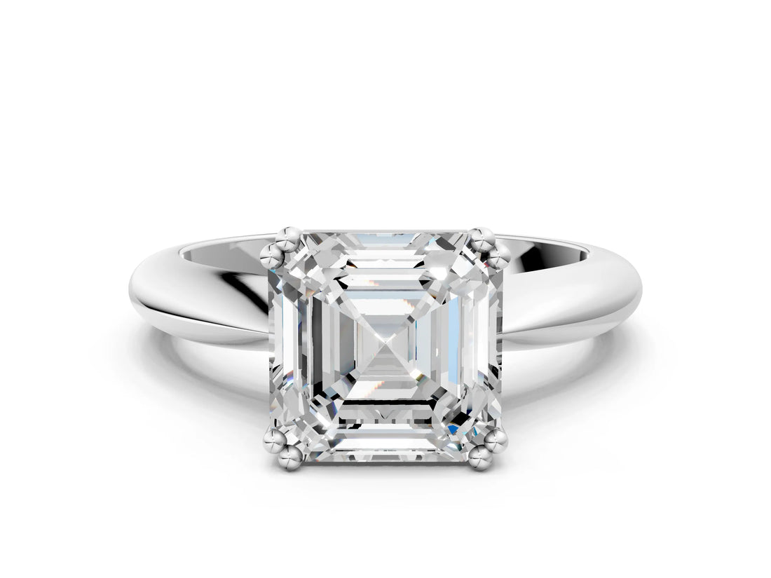 Silver Asscher Cut Solitaire Engagement Ring with Tapered Band and Four-Prong Setting 1