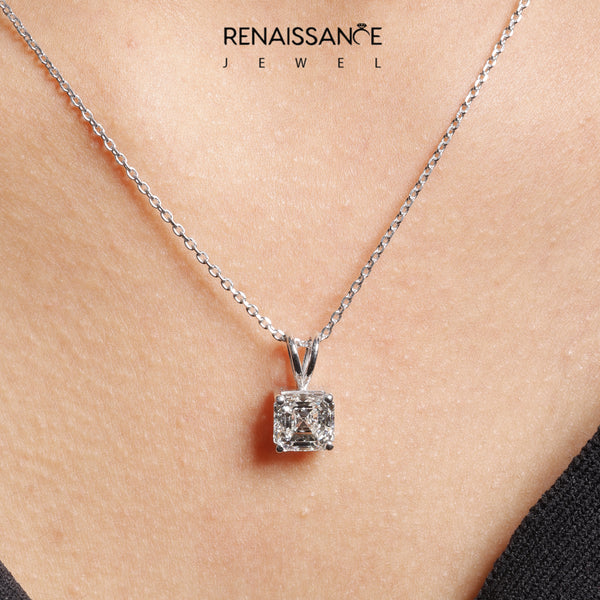 White gold Asscher Diamond Solitaire Pendant with Four Prong Setting