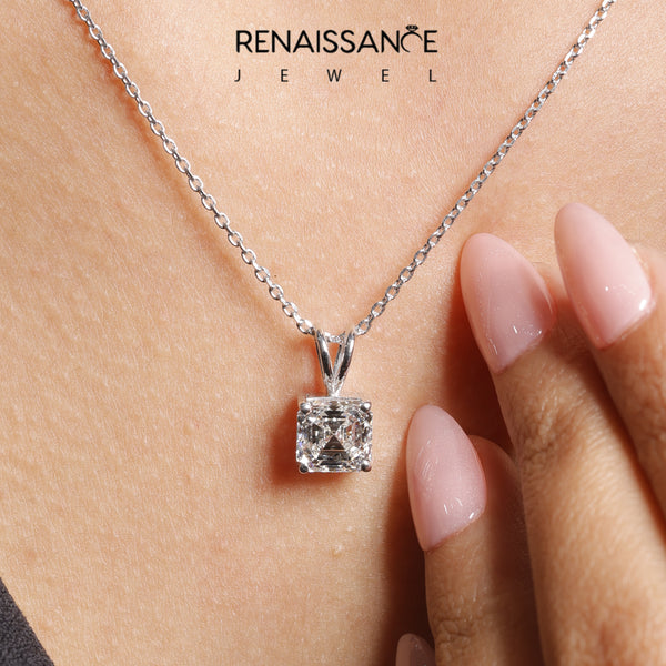 Silver Asscher Diamond Solitaire Pendant with Four Prong Setting
