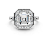 Silver Asscher Halo Diamond Engagement Ring with Twisted Band and Four-Prong Setting