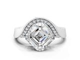 Silver Asscher Solitaire Diamond Engagement Ring with Pave Band and Four-Prong Setting