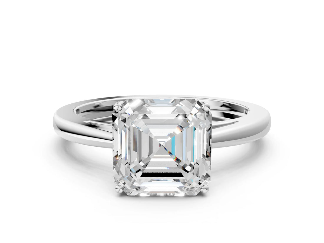 Silver Asscher Solitaire Diamond Ring with Split Shank and Four-Prong Setting_12