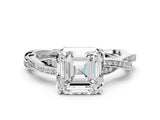 Silver Asscher Solitaire Twisted Pave Diamond Ring with Four-Prong Setting