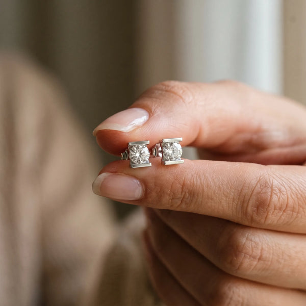 Silver Bar Set Round Diamond Stud Earrings in Silver