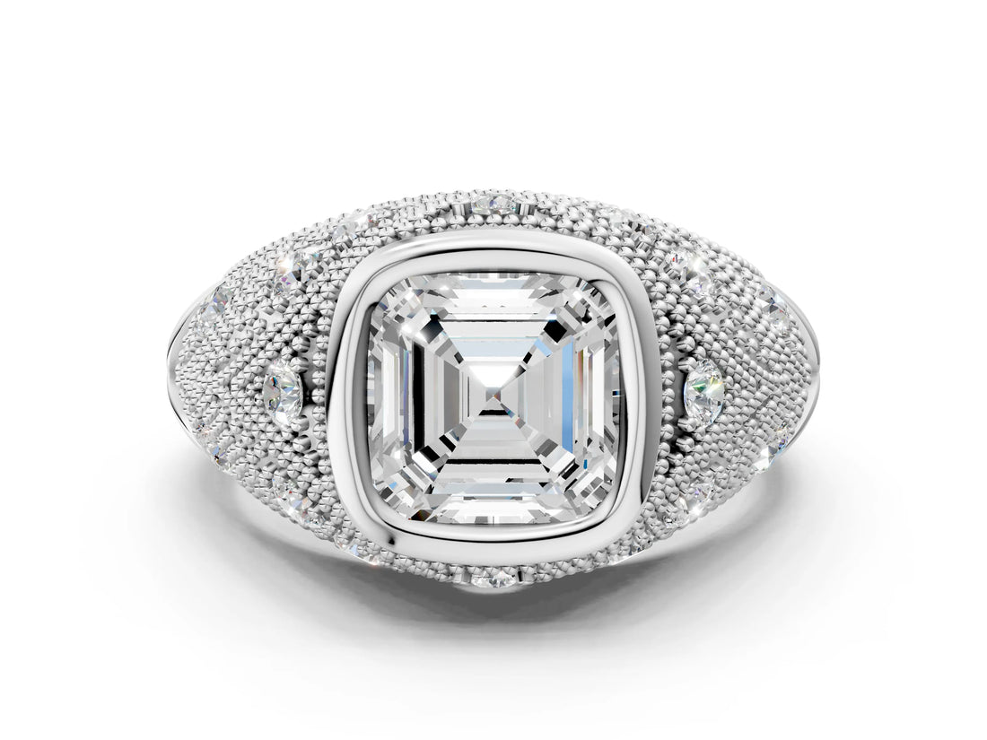 Silver Bezel Set Asscher Cut Diamond Milgrain Band Ring_13