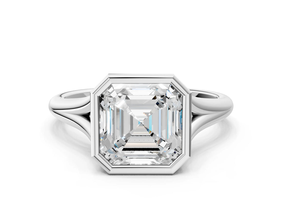 Silver Bezel Set Asscher Cut Solitaire Ring with Tapered Band 1