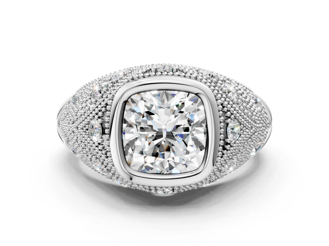 Silver Bezel Set Cushion Cut Diamond Milgrain Band Ring_13