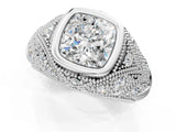 Silver Bezel Set Cushion Cut Diamond Milgrain Band Ring_14